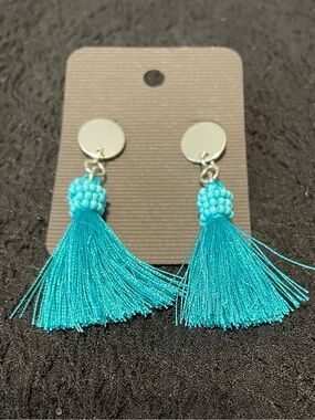 Boho Teal Tassel Drop Earrings - with Beaded Accents